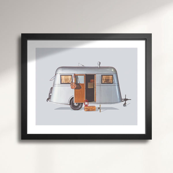 Framed artwork of a vintage 1937 Pierce Arrow Camping Trailer trailer and fishing gear on a light grey background