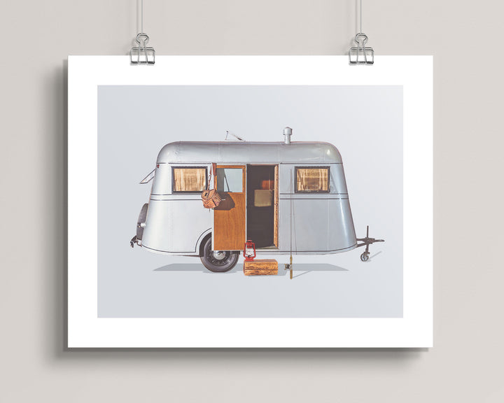 hanging artwork of a vintage 1937 Pierce Arrow Camping Trailer trailer and fishing gear on a light grey background