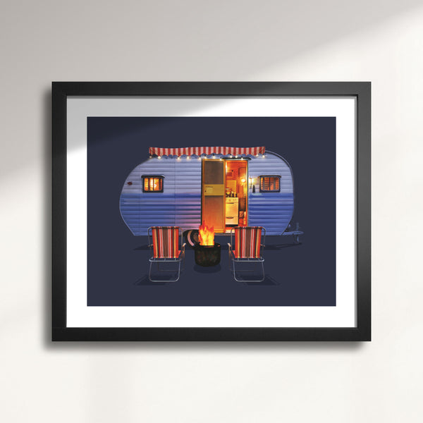 Framed artwork of a retro-style 1954 Terry Camping Trailer with interior lights on a dark purple background
