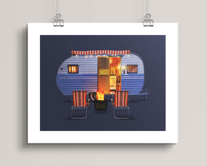hanging artwork of a retro-style 1954 Terry Camping Trailer with interior lights on a dark purple background