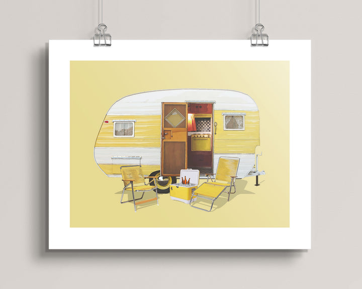 hanging artwork of a vintage 1956 Jewel Camping Trailer with outdoor furniture on a yellow background