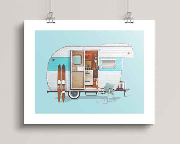 poster artwork of a vintage 1963 Yellowstone Camping Trailer with surfboards on a light blue background