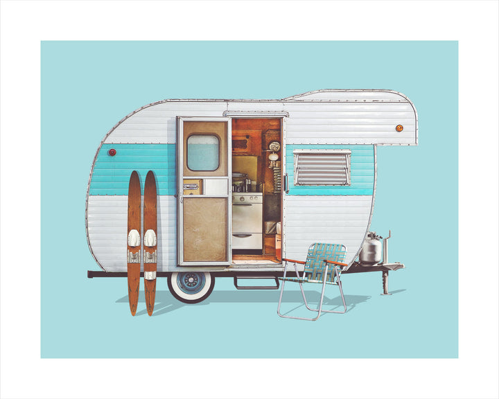wall art print of a vintage 1963 Yellowstone Camping Trailer with surfboards on a light blue background