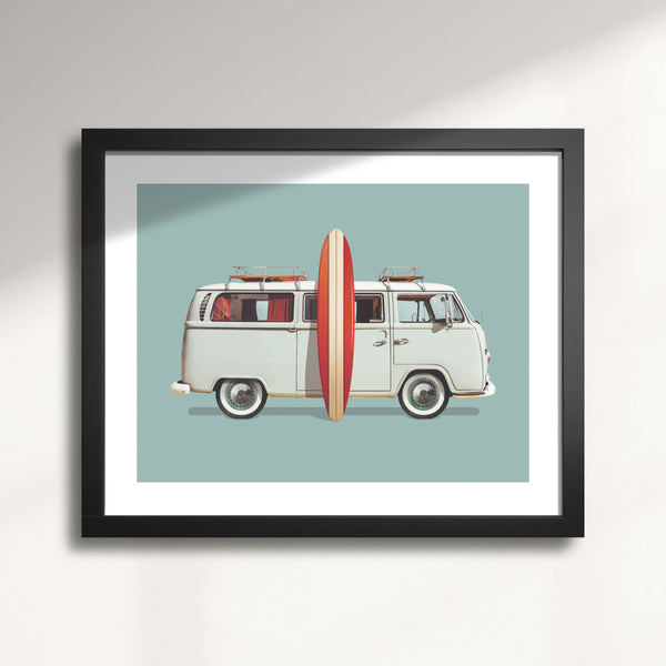 Framed artwork of a vintage 1967 VW Camper Bus with a surfboard on a light blue background