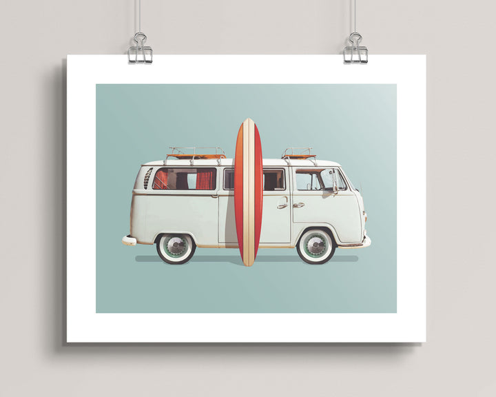 poster artwork of a vintage 1967 VW Camper Bus with a surfboard on a light blue background