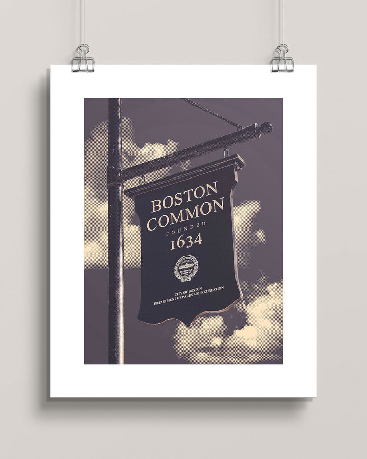 Poster of a sign for Boston Common with a dark purple background