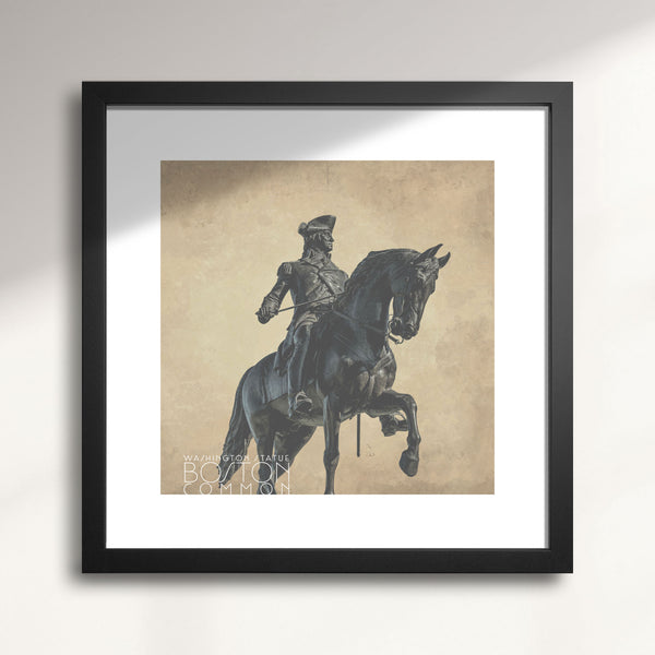 Framed artwork of a statue of the George Washington Statue—Boston Common with a beige background