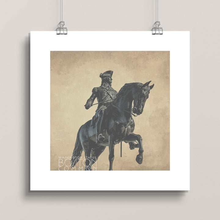 Hanging artwork of a statue of the George Washington Statue—Boston Common with a beige background