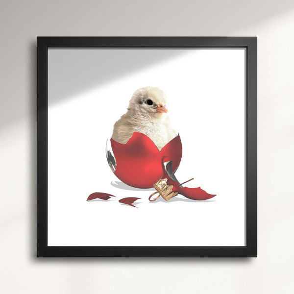 Framed artwork of a bird with a red shell on a white background titled Christmas Chick