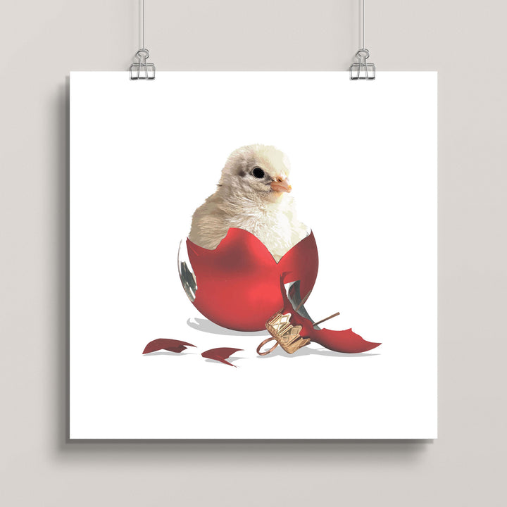 Hanging artwork of a bird with a red shell on a white background titled Christmas Chick