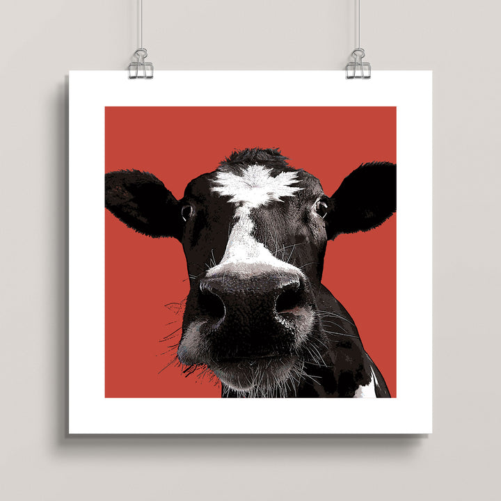 hanging artwork of a cow's face on a red background titled Maple—Canadian Bovine Beauty
