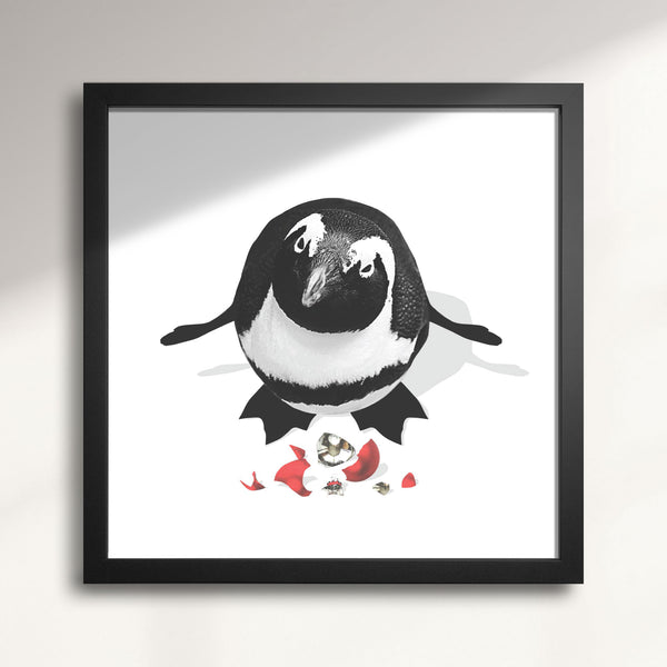 Framed artwork of a penguin with a bow tie and heart on a white background title Pesky Penguin