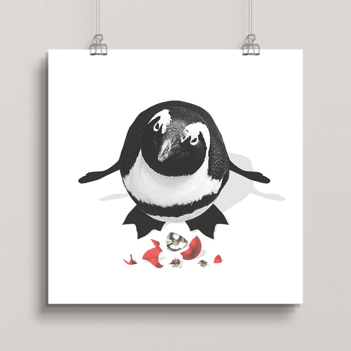Hanging artwork of a penguin with a bow tie and heart on a white background title Pesky Penguin