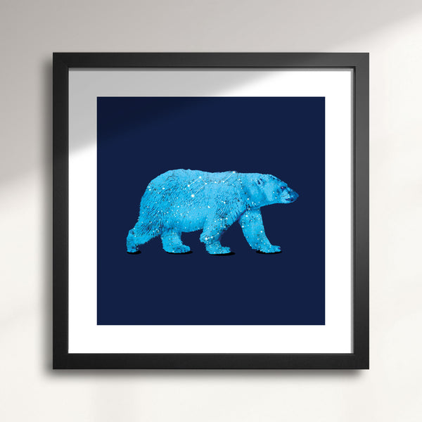 Framed artwork of a celestial blue polar bear on a dark blue background titled Polaris Bear