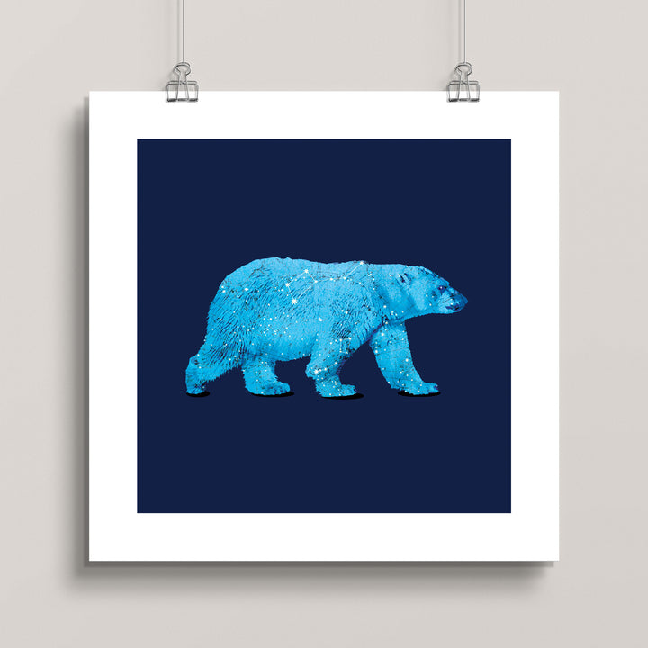 Hanging artwork of a celestial blue polar bear on a dark blue background titled Polaris Bear
