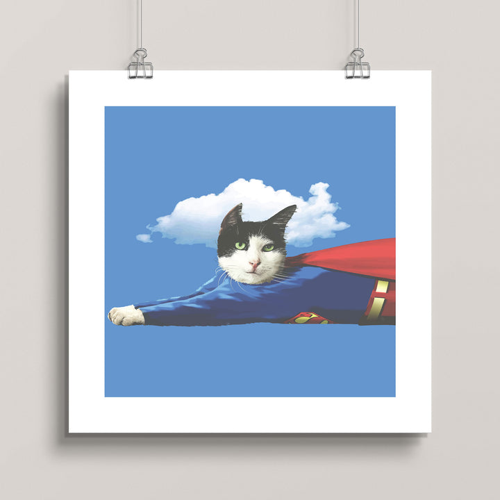 Hanging artwork of a cat in a Superman costume against a blue sky with a white cloud titled Super Cat