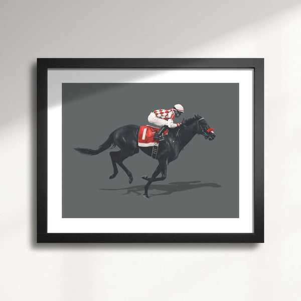 Framed artwork of a jockey on a horse against a gray background titled Thoroughbred Derby Classic