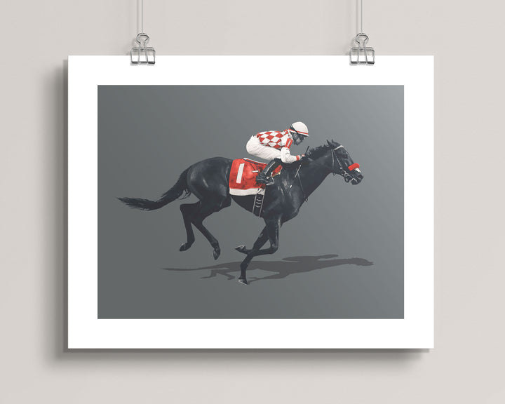 Hanging artwork of a jockey on a horse against a gray background titled Thoroughbred Derby Classic